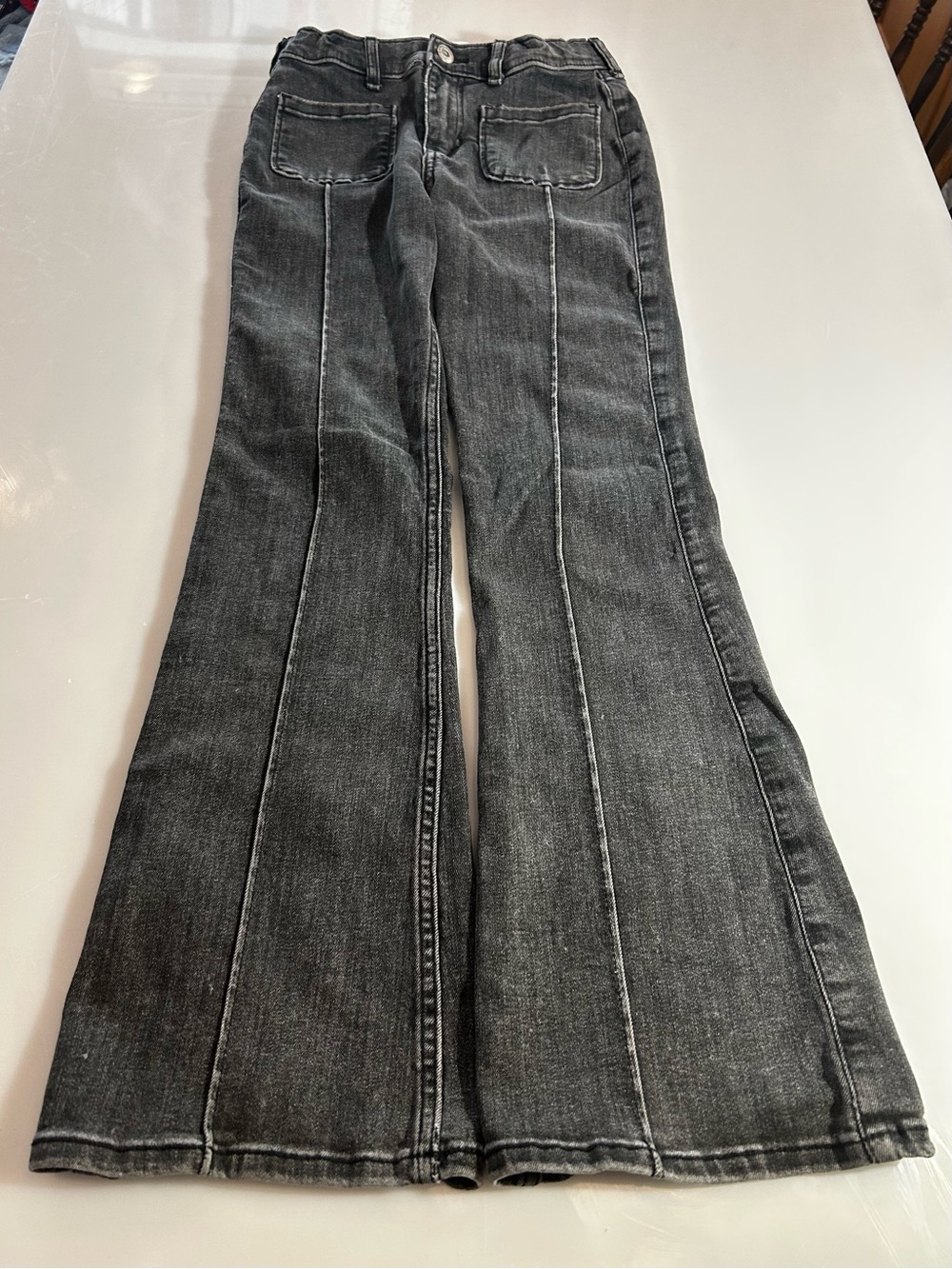 Abercrombie Kids Hi-Rise Flare Jeans Washed Black Patch Pocket Size 11/12